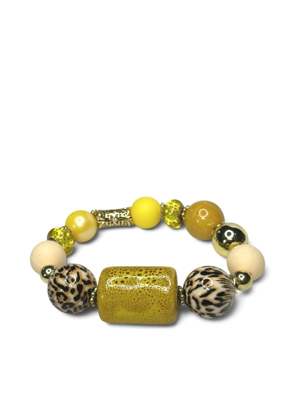 Yellow Gold Animal Print Chunky Statement Handcrafted Stretch Bracelet